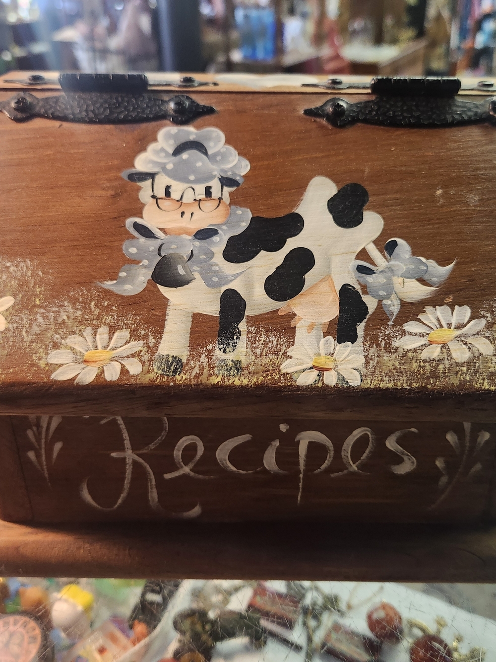 Hand-Painted Cow Recipe Box with Daisies